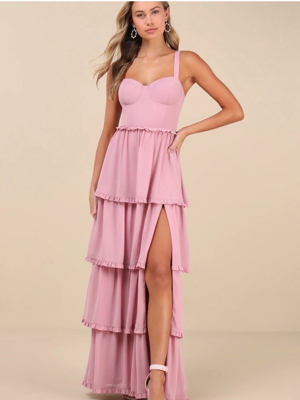 Lulus Pink Bustier Lace-Up
Maxi Dress NEW NWT event tiered homecoming